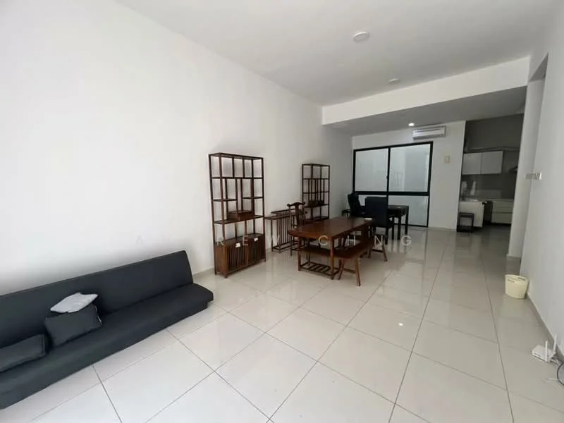 Living features: grey fabric sofa, white walls, glossy white tile flooring, wooden dining table, wooden chairs, glass sliding door, air conditioning unit, open layout, decorative shelving unit, natural light from large window; style: modern.