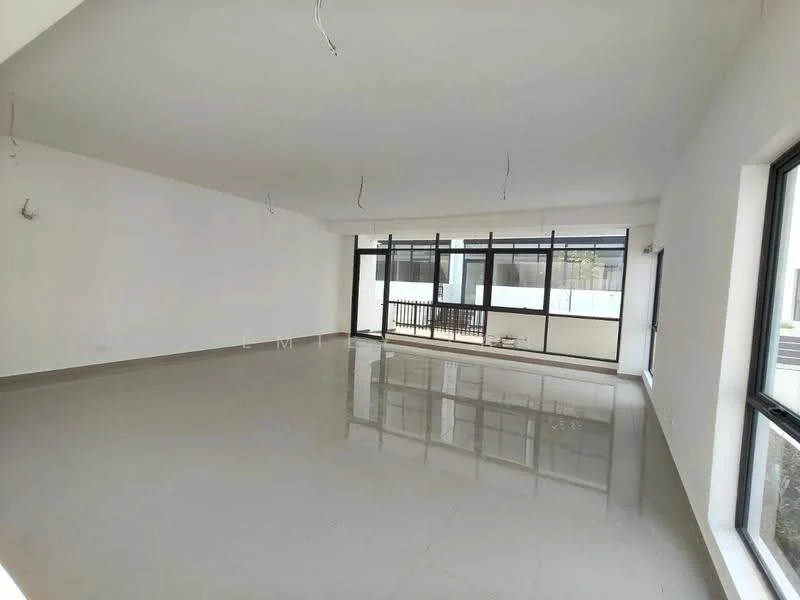 Living features: white painted walls, polished ceramic tile flooring, floor-to-ceiling windows, sliding glass door, natural light, open layout, no visible furniture, minimalist design; style: modern; view: garden.