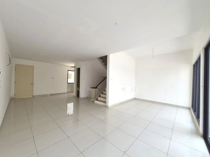 Room features: white painted walls, glossy ceramic tile flooring, staircase with wooden handrail, large windows, neutral ceiling, no visible furniture, open layout, natural light; style: modern.