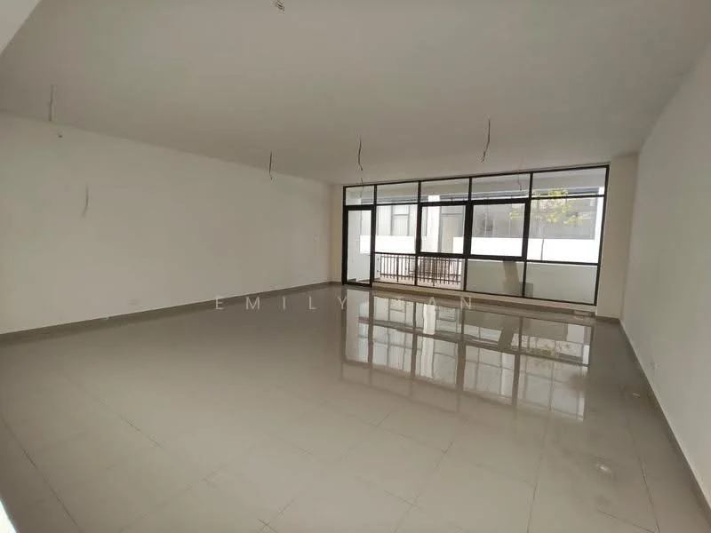 Living features: white painted walls, polished ceramic tile flooring, floor-to-ceiling windows, natural light, no visible furniture, minimalist design, open layout, ceiling lights; style: modern.
