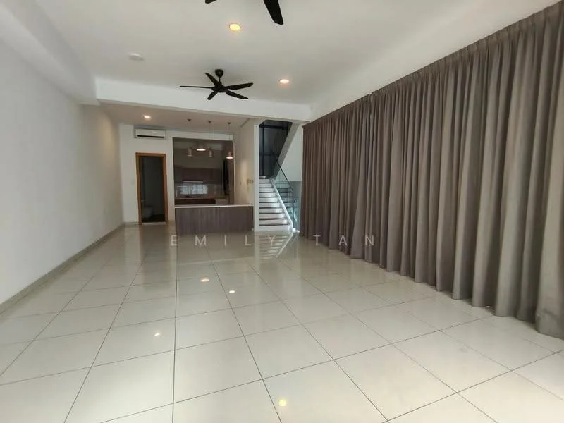 Living features: white painted walls, glossy ceramic tile flooring, 5-blade ceiling fan with light, large floor-to-ceiling windows, grey curtains, open layout to kitchen, recessed lighting, staircase visible in background; style: modern.