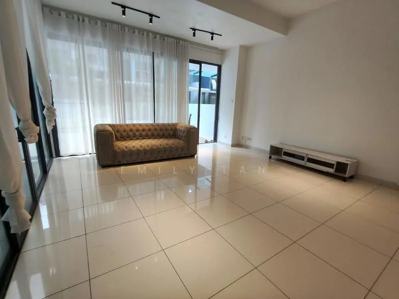 Living features: white painted walls, glossy ceramic tile flooring, 5-blade ceiling fan with light, floor-to-ceiling windows, sheer curtains, beige tufted sofa, TV console, recessed downlights; style: modern.