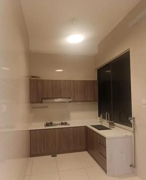 Kitchen features: wood cabinetry, white marble countertop, single-bowl stainless-steel sink, chrome pull-down faucet, built-in gas hob, exhaust hood, white tiled backsplash, white tiled flooring, large window, recessed ceiling light; style: modern.