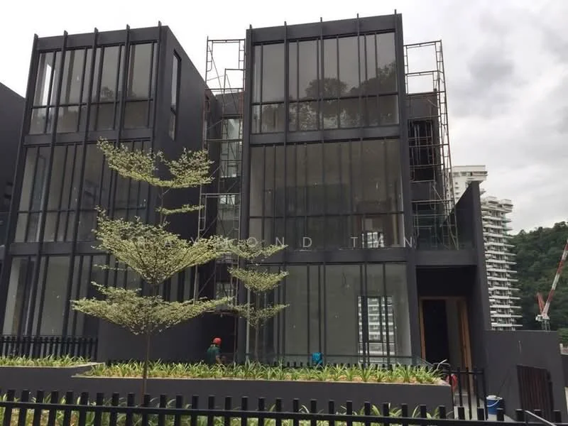 Exterior type: semi-detached house; features: black painted facade, large floor-to-ceiling windows, metal scaffolding, manicured landscaping, concrete pathway, fence surrounding the property, modern architectural design, two-storey structure; style: modern.