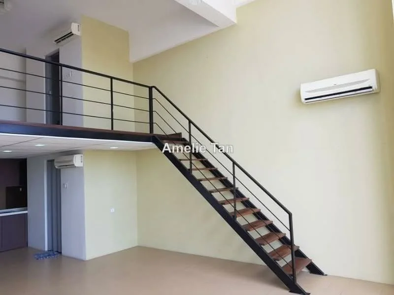 Room features: metal staircase with wooden steps, 2 wall-mounted split AC units, cream painted walls, high ceiling, open space layout, large windows, flooring in neutral color, railings on staircase; style: modern.