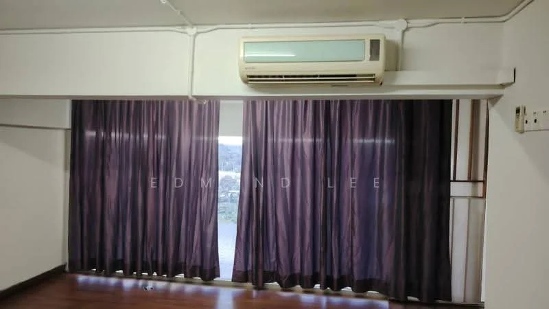 Room features: purple sheer curtains, wall-mounted split AC, wooden flooring, white painted walls, floor-to-ceiling windows.