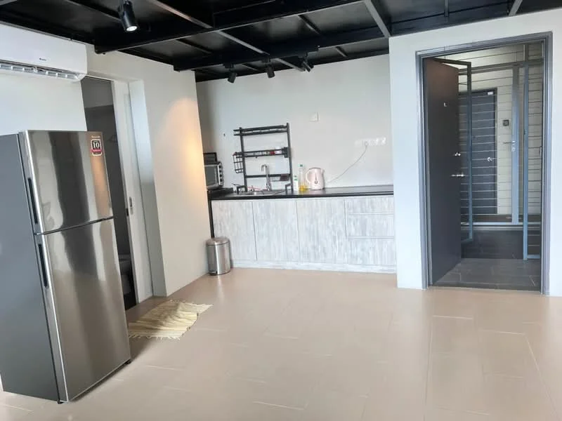Kitchen features: stainless-steel fridge, kitchen countertop with grey cabinetry, built-in microwave, kettle, sink, single-bowl stainless-steel sink, chrome pull-down faucet, tile flooring, exposed ceiling beams, wall-mounted split AC, open shelving, waste bin; style: modern. Room features: main entrance door, interior door, grey wall, light switch.