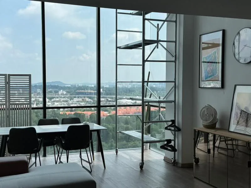 Living features: floor-to-ceiling windows, city view, wooden flooring, dining table with chairs, metal scaffolding, decorative wall art, wall clock, sideboard, open layout; style: modern; view: city.