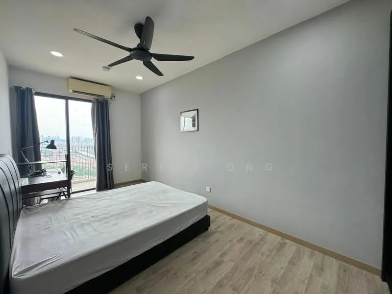 Bedroom features: grey painted walls, laminate flooring, 5-blade ceiling fan, floor-to-ceiling windows, curtains, queen-size bed frame, study desk, chair, decorative mirror; style: modern; view: city.