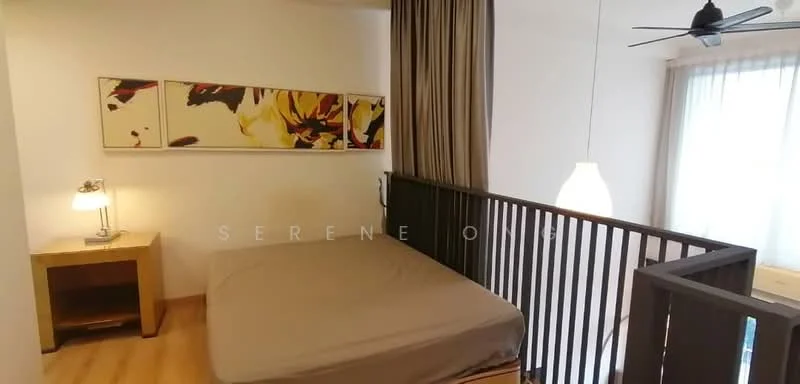 Bedroom features: queen-size bed, wooden bed frame, bedside lamp, wooden nightstand, curtains, ceiling fan, wooden flooring, decorative wall art, floor-to-ceiling windows, light fixture; style: modern.