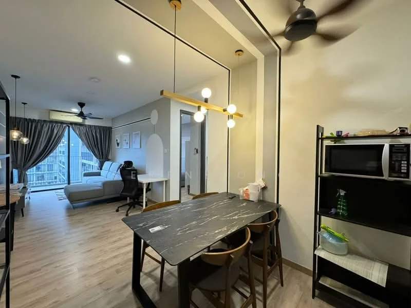 Dining features: black marble dining table, 4 wooden dining chairs, pendant lighting with three bulbs, wooden shelving unit, microwave, kitchenette area, light wood flooring, wall-mounted fan; style: modern; view: city. Living features: grey sectional sofa, floor-to-ceiling windows, curtains, light wood flooring, ceiling fan, wall-mounted artwork; style: modern; view: city.