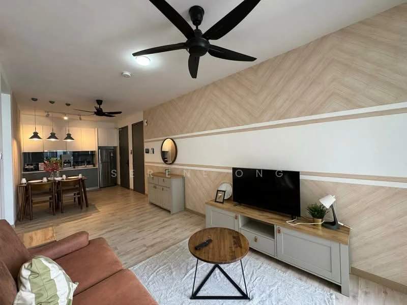 Living features: 3-seater fabric sofa in brown, coffee table with black metal legs, wall-mounted TV, TV console in light grey, decorative wall mirror, area rug in white, ceiling fan with 3 blades, recessed downlights, wooden flooring, accent wall with herringbone pattern; style: modern. Dining features: 4-seater dining table in wood, upholstered dining chairs, pendant lighting above dining table; style: modern. Kitchen features: open-plan kitchen layout, kitchen cabinets in white, stainless-steel appliances, countertop in dark color, backsplash in light color; style: modern.
