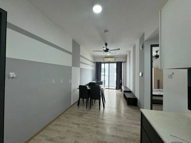 Room features: light wood laminate flooring, grey painted walls with white stripes, ceiling fan with light, large windows with sheer curtains, dining table with four chairs, wall-mounted TV, open layout, natural light from windows; style: modern; view: city.