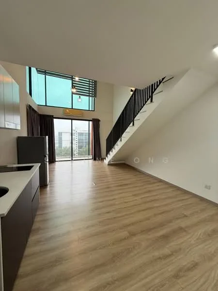 Living features: laminate flooring, white painted walls, floor-to-ceiling windows, sliding glass door, curtains, staircase with black railing, open layout, kitchenette with dark cabinetry, stainless-steel fridge, pendant lighting, high ceiling; style: modern; view: garden.