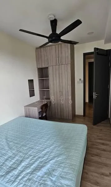 Bedroom features: queen-size bed, wooden flooring, 5-blade ceiling fan, built-in wardrobe with wood finish, study desk, neutral wall color, window with natural light, door leading to hallway; style: modern.