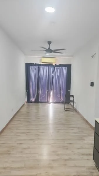 Room features: light wood laminate flooring, white painted walls, 5-blade ceiling fan with light, floor-to-ceiling windows with sheer curtains, air conditioning unit, black chair, wall-mounted electrical outlet, light fixture in ceiling; style: modern.