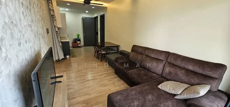 Living features: L-shape sectional sofa in brown, coffee table, wall-mounted TV, TV console, laminate flooring, white painted walls, recessed downlights, ceiling fan, dining table with chairs, open layout to kitchen, doorway leading to kitchen, decorative wall paneling; style: modern.