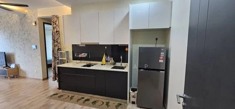 Kitchen features: black cabinetry, white upper cabinets, double-bowl stainless-steel sink, chrome pull-down faucet, black countertop, built-in stove, stainless-steel fridge, microwave, kitchen towels, decorative rug, wall-mounted shelf, kitchen utensils, open shelving; style: modern.