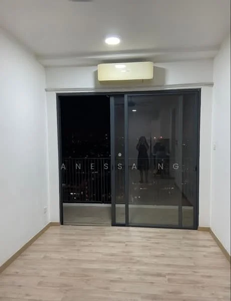 Room features: light wood laminate flooring, white painted walls, sliding glass door, floor-to-ceiling windows, wall-mounted split AC, recessed downlights; style: modern; view: city.
