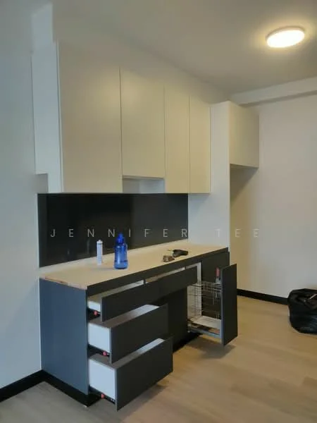Kitchen features: white cabinetry, black countertop, open drawers, dishwasher, light wood flooring, recessed ceiling light, black backsplash, single-bowl stainless-steel sink; style: modern.