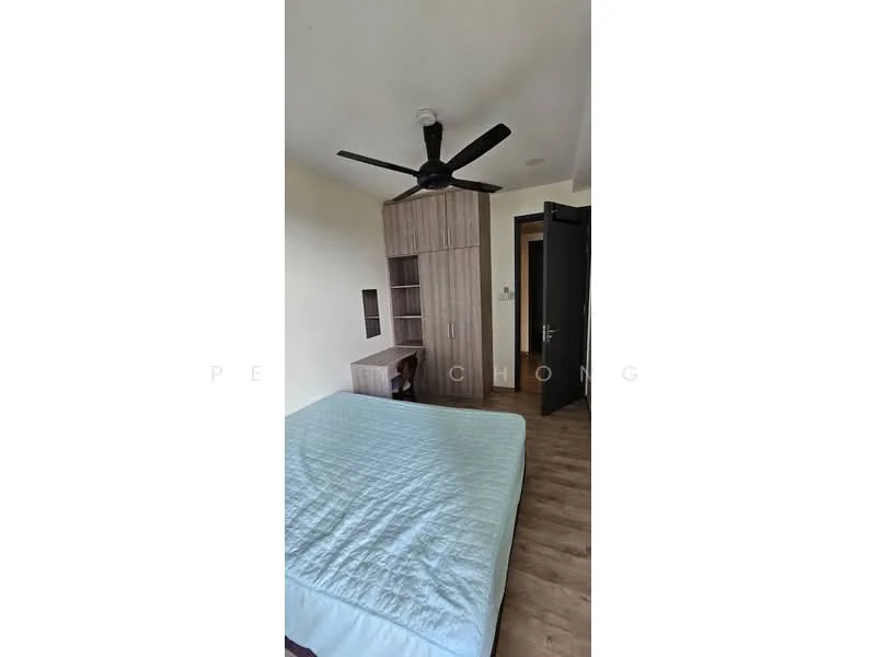 Bedroom features: queen-size bed, 5-blade ceiling fan, built-in wardrobe, study desk, wooden flooring, neutral wall color, window with natural light, nightstand; style: modern.