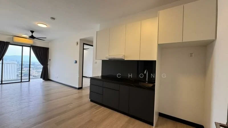 Kitchen features: black cabinetry, white upper cabinets, black countertop, single-bowl stainless-steel sink, chrome pull-down faucet, built-in stove, open layout, vinyl plank flooring, recessed downlights, floor-to-ceiling windows, curtains, city view; style: modern; view: city. Living features: vinyl plank flooring, 5-blade ceiling fan, floor-to-ceiling windows, curtains; style: modern; view: city.