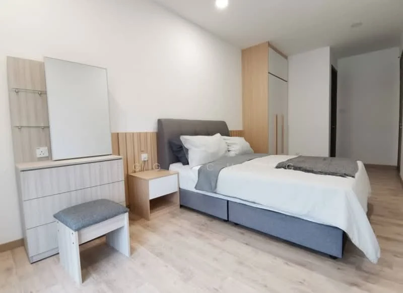 Bedroom features: queen-size bed with grey upholstered headboard, white bedding with grey throw blanket, wooden bedside table, white drawer unit, full-length mirror, wooden dresser, laminate flooring, wall-mounted light fixture, built-in wardrobe, neutral wall color; style: modern.