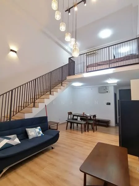 Living features: sofa in navy blue, wooden coffee table, dining table with chairs, wooden flooring, pendant lighting with multiple bulbs, staircase with metal railing, wall-mounted air conditioning unit, recessed ceiling lights; style: modern.