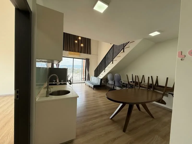Living features: wooden flooring, floor-to-ceiling windows, grey fabric sofa, round dining table, 4 dining chairs, recessed downlights, pendant lighting, open-plan layout, stainless-steel sink, kitchen cabinetry, staircase with black railing, curtains, decorative wall art; style: modern; view: city.