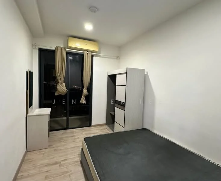 Bedroom features: light wood laminate flooring, white painted walls, large sliding glass door, floor-to-ceiling windows, sheer curtains, queen-size bed, upholstered headboard, built-in wardrobe with drawers, TV console, wall-mounted air conditioning unit; style: modern; view: city.