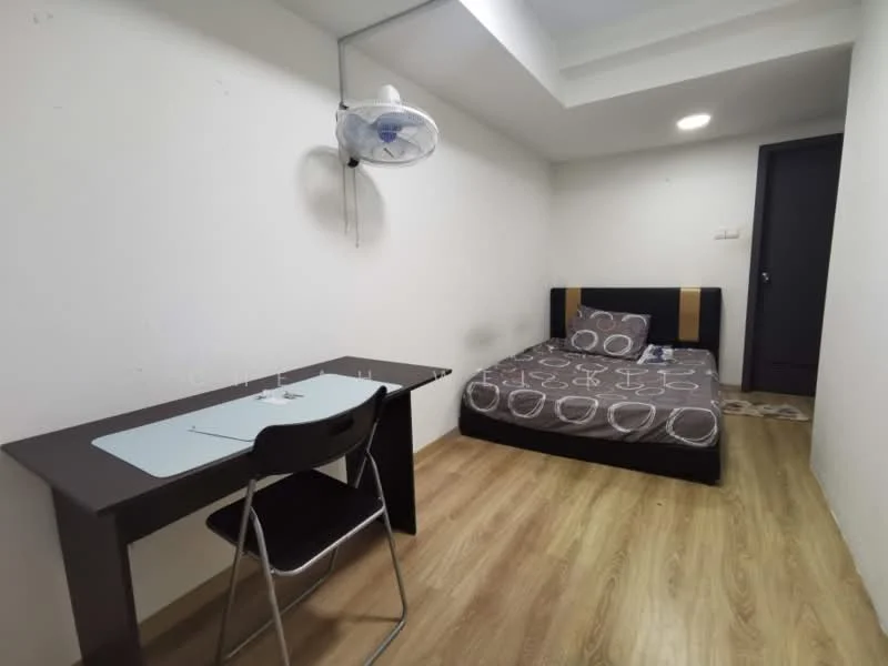 Bedroom features: wooden flooring, white painted walls, single bed with patterned bedding, study desk, black chair, ceiling fan, recessed ceiling light, door to hallway; style: minimalist.
