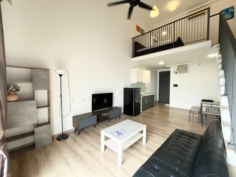 Living features: 3-seater black leather sofa, coffee table, TV console, wall-mounted TV, floor lamp, wooden flooring, white walls, ceiling fan with light, decorative wall art, open-plan layout, large windows, staircase leading to upper level; style: modern. Kitchen features: kitchen cabinets, stainless-steel fridge, built-in oven, sink, countertop, open layout to living area; style: modern.