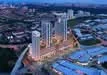 Exterior type: high-rise condominium; features: glass curtain wall, recessed balconies, feature lighting at night, surrounded by mature greenery, urban context, multiple towers, commercial area in foreground; style: modern.
