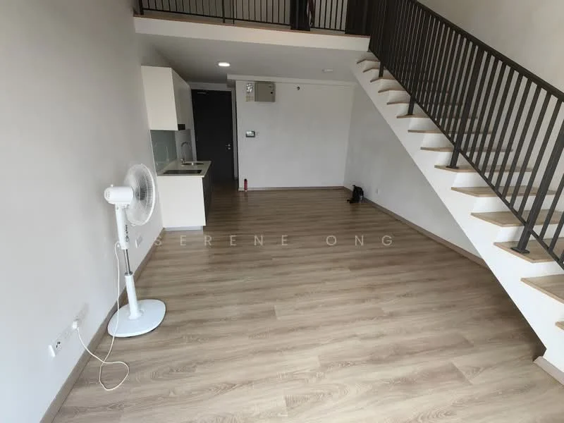 Living features: laminate flooring, white painted walls, staircase with metal railing, ceiling fan, open layout, kitchenette area, wall-mounted air conditioning unit, large windows for natural light; style: modern.