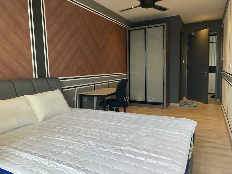 Bedroom features: king-size bed, upholstered headboard, wooden flooring, grey accent wall, wood paneling, built-in wardrobe, desk with chair, ceiling fan, door to hallway, window with view, decorative wall trim; style: modern.