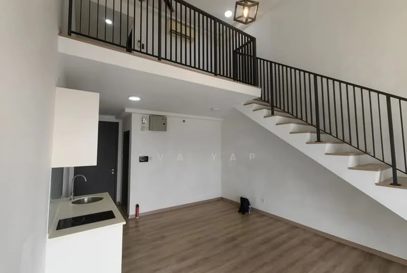 Living features: laminate flooring, white painted walls, recessed downlights, staircase with metal railing, open-plan layout, kitchenette with sink, air conditioning unit, large windows for natural light; style: modern.