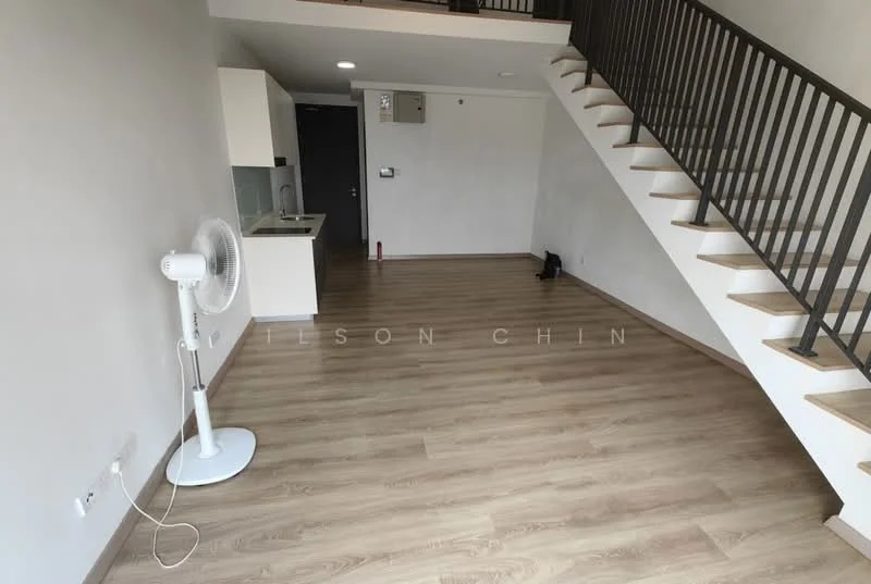 Living features: laminate flooring, white painted walls, staircase with wooden steps, floor-to-ceiling windows, ceiling light, fan, open kitchen area, kitchen cabinetry, kitchen countertop; style: modern.