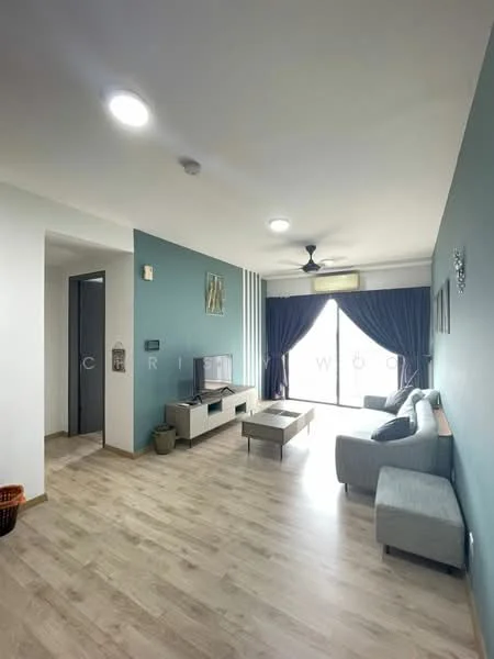 Living features: light grey fabric sofa, coffee table, TV console, wall-mounted TV, 5-blade ceiling fan with light, recessed downlights, laminate flooring, blue accent wall, curtains, decorative wall art, open layout, floor-to-ceiling windows; style: modern.