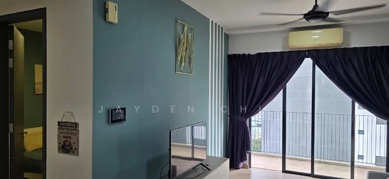 Living features: blue accent wall, white painted walls, sliding glass door, floor-to-ceiling windows, blackout curtains, ceiling fan, TV console, wall-mounted TV, light-colored flooring, decorative artwork, air conditioning unit; style: modern. Room features: dark door, green wall visible, bedroom area visible.