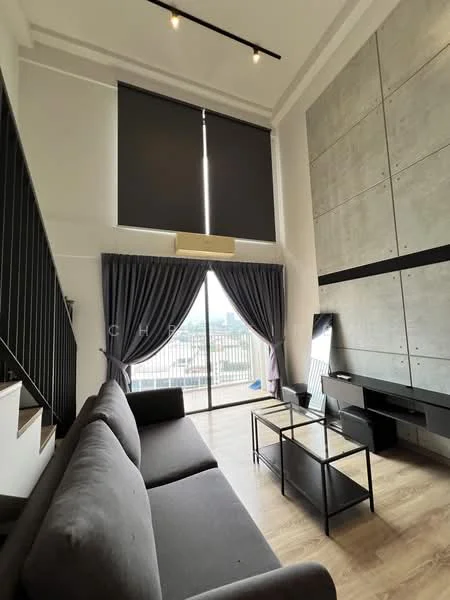 Living features: grey fabric sofa, black coffee table, wall-mounted TV console, large floor-to-ceiling windows, blackout roller blinds, curtains in dark grey, exposed concrete accent wall, wooden flooring, recessed ceiling lights, air conditioning unit; style: modern; view: city.