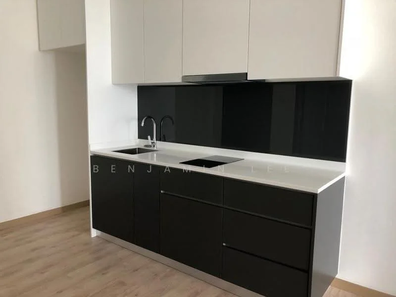 Kitchen features: black cabinetry, white upper cabinets, white countertop, black backsplash, single-bowl stainless-steel sink, chrome pull-down faucet, built-in range hood, wood laminate flooring; style: modern.