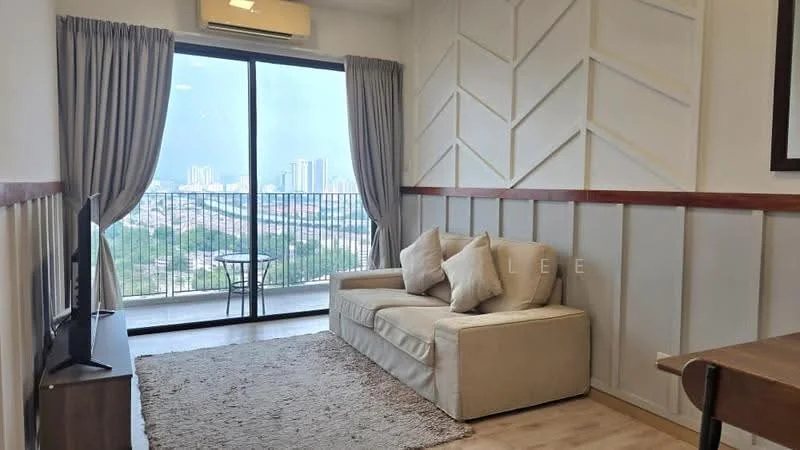 Living features: floor-to-ceiling windows, sliding glass door, beige fabric sofa, area rug, TV console, wall-mounted TV, wooden flooring, curtains, decorative wall paneling, city view; style: modern; view: city.