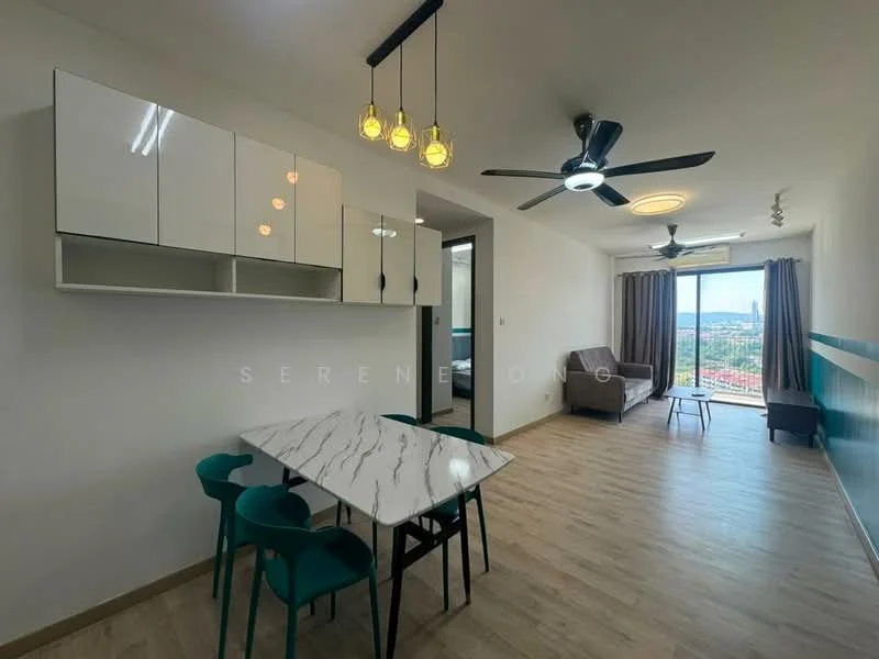 Living features: light wood laminate flooring, white painted walls, 5-blade ceiling fan with light, recessed downlights, floor-to-ceiling windows, curtains, wall-mounted TV, dining table with marble top, 4 green dining chairs, sofa, decorative wall panel, city view; style: modern; view: city.