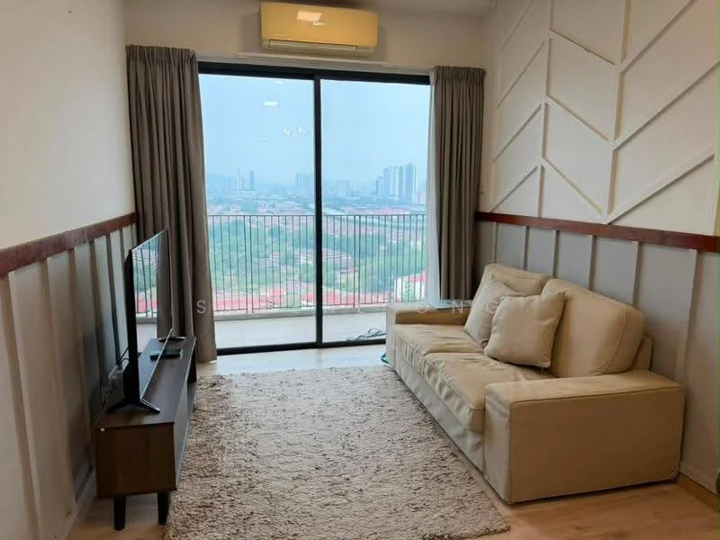 Living features: beige fabric sofa, wooden TV console, wall-mounted TV, light-colored area rug, floor-to-ceiling windows, curtains, air conditioning unit, wood panel accent wall; style: modern; view: city.