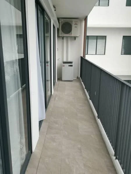 Room features: balcony, sliding glass door, floor-to-ceiling windows, grey tiled flooring, wall-mounted split AC, white walls, metal railing; style: modern.