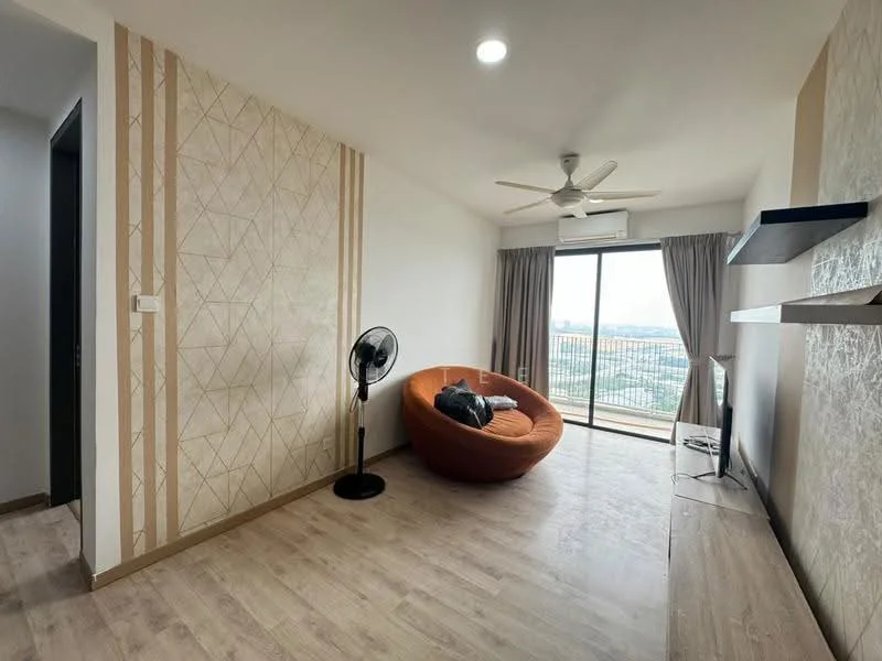 Living features: wooden flooring, white painted walls, accent wall with geometric pattern, floor-to-ceiling windows, curtains, 5-blade ceiling fan, orange fabric sofa, TV console, wall-mounted TV, decorative shelving, area rug; style: modern; view: city. Room features: doorway leading to hallway.