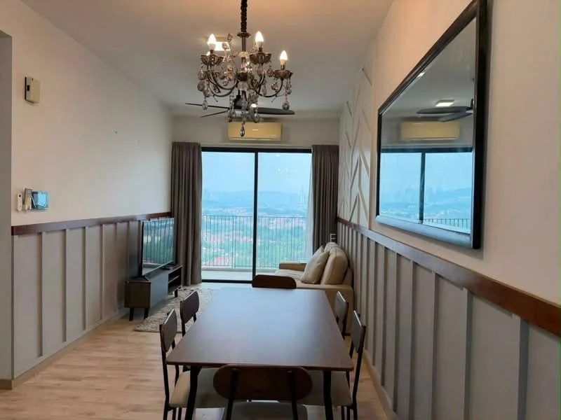 Living features: chandelier, floor-to-ceiling windows, sliding glass door, curtains, wooden flooring, sofa in beige, TV console, wall-mounted TV, dining table, 4 dining chairs, decorative mirror, wall paneling, air conditioning unit; style: modern; view: city.
