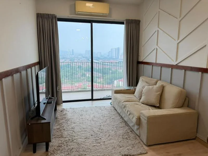 Living features: beige fabric sofa, TV console, wall-mounted TV, area rug with geometric pattern, floor-to-ceiling windows, curtains, wood paneling, air conditioning unit; style: modern; view: city.