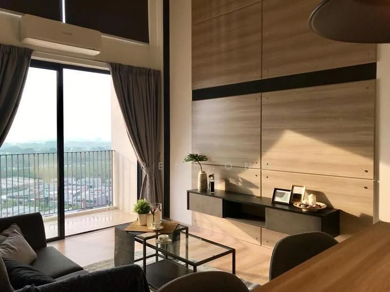 Living features: floor-to-ceiling windows, grey fabric sofa, glass coffee table, wooden feature wall, wall-mounted TV console, decorative items on console, curtains, wooden flooring, air conditioning unit, city view from window; style: modern; view: city.