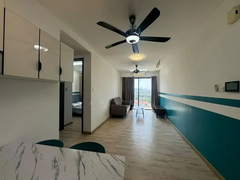 Living features: 5-blade ceiling fan with integrated LED light, floor-to-ceiling windows, grey fabric sofa, coffee table, wooden flooring, white painted walls with blue accent stripe, recessed downlights, curtains, TV console, decorative wall paneling; style: modern; view: city. Kitchen features: marble dining table, black chairs, white cabinetry, kitchen countertop, open layout; style: modern.